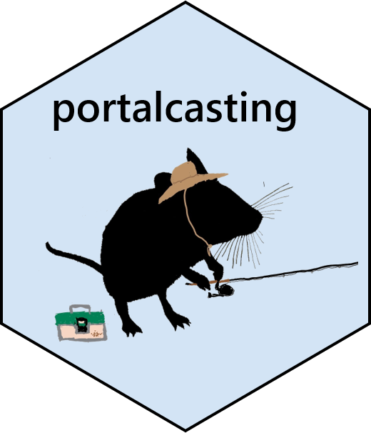 portalcasting hex logo of a grasshopper mouse fishing with a pole and tacklebox